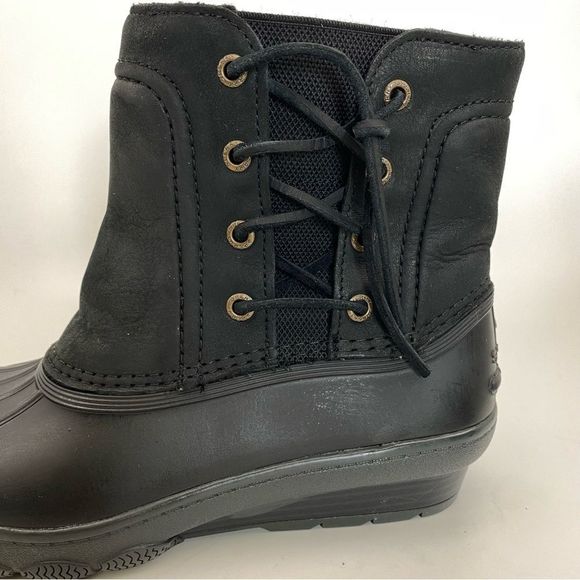 Sperry Saltwater Wedge Black Leather Quarter Duck Boots Color Black SZ 7 - Picture 8 of 12